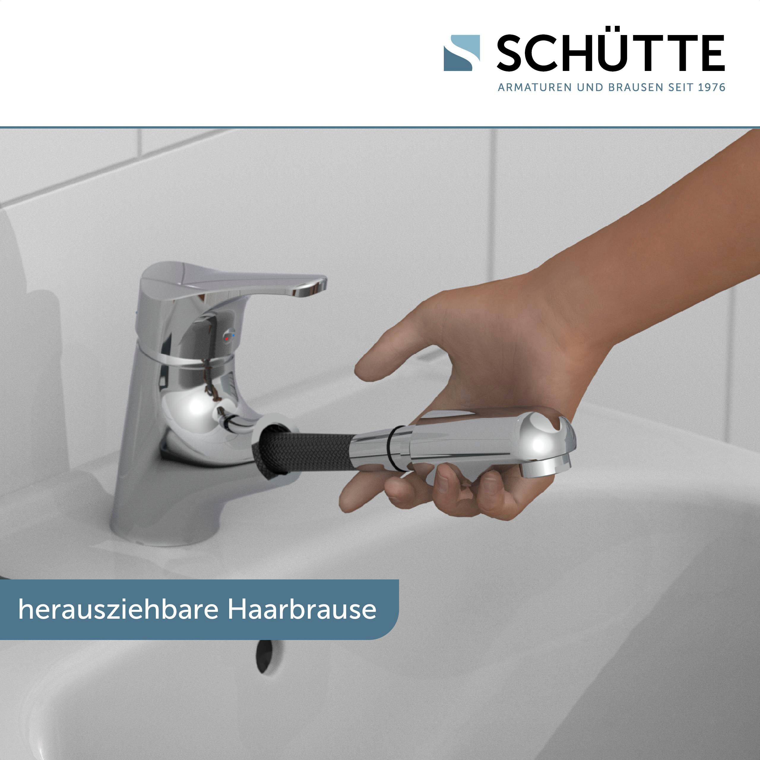 Waschtischarmatur SCHÜTTE "Attica", grau (chromfarben), B:5,5cm H:16cm T:17cm, Messing, Armaturen, Waschtischarmatur, mit herausziehbarer Brause und Zugstange, Wasserhahn, Mischbatterie chromfarben B/H/T: 5,5cm x 16cm x 17cm