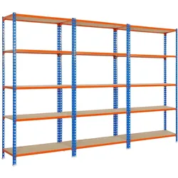 SimonRack Pack mit 3 Maderclick Metallregalen ohne Schrauben.  5 Ebene.  Farbe blau/orange/Holz.  1800x900x400 mm