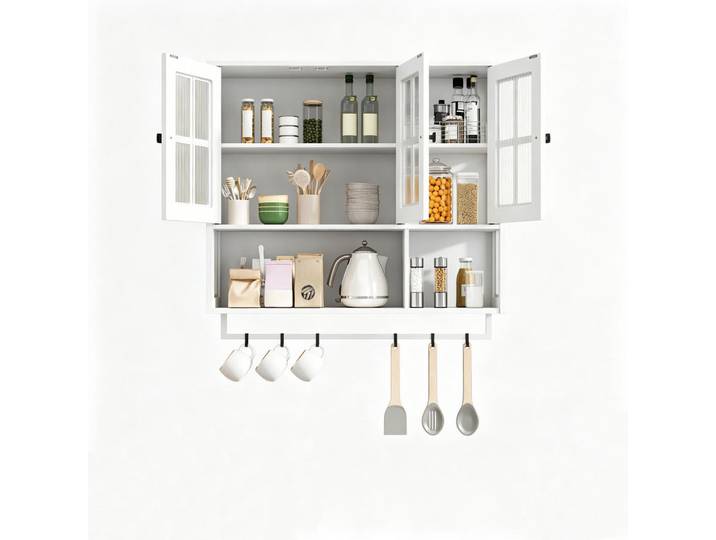 Evryae Hängeschrank mit drei Türen Glasfront offenen Fächern Handtuchhalter Wandmontage Stauraum Holz 3-Türer, Weiß, Metall, 2 Fächer, Rechteckig, 88x82.5x26 cm, Badezimmer, Badmöbel, Hängeschränke