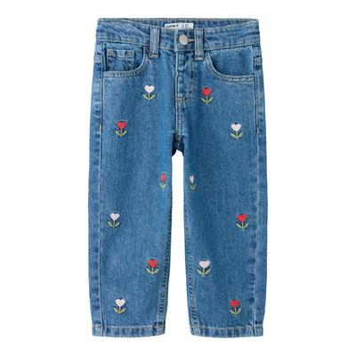 Mom-Jeans NAME IT "NMFBELLA MOM DNM EMB JEANS 5526-BP", Mädchen, Gr. 110, N-Gr, blau (medium blau denim aop:emb), Denim/Jeans, Obermaterial: 100% Baumwolle, Abriebeffekte, bestickt, mom fit lang, Jeans, Baumwolle, mom fit