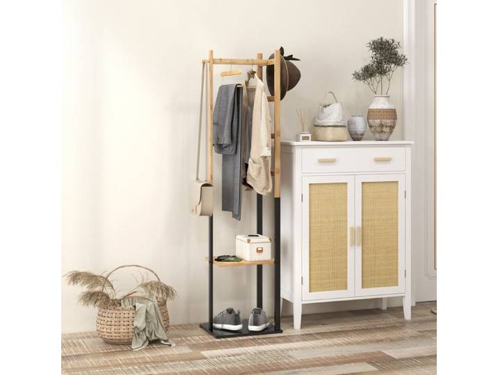 Portant pour vêtements en bambou Porte-manteau en Bois avec tringle étagères patère 4 barres latérales