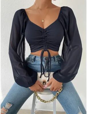 Lush Living Finds Ruched V Neck Long Sleeve Crop Top For Women Adjustable Drawstring Summer Tee navy m