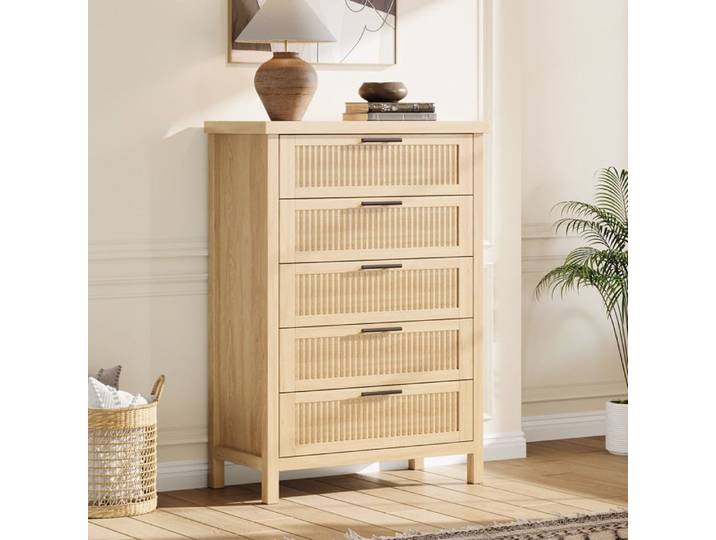 Koioplie Commode haute 5 tiroirs à rainures chiffonnier moderne en bois grand rangement pour chambre nursery salon