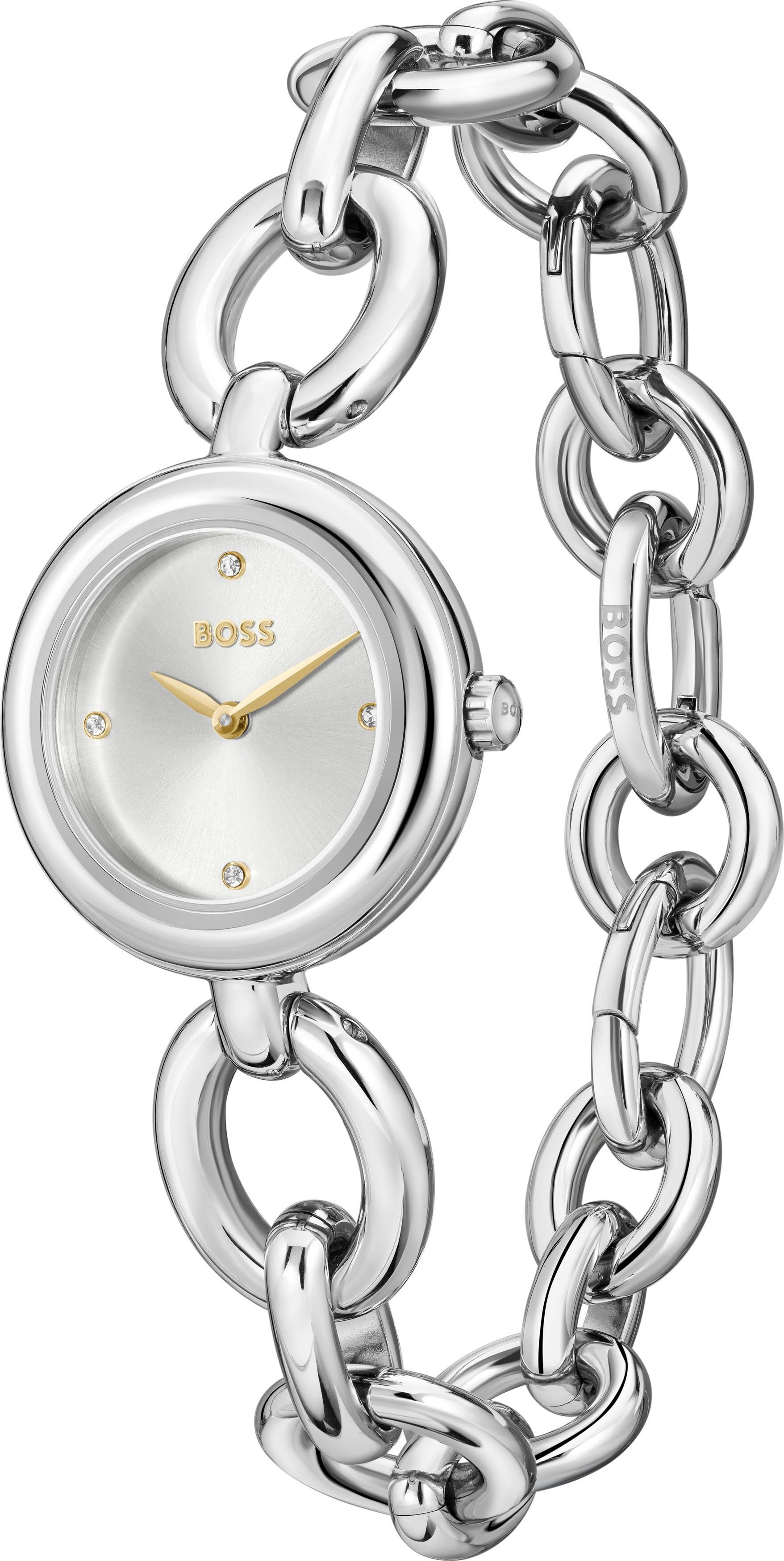 Quarzuhr BOSS "LIVE", silber (silberfarben, weiß), Armbanduhren, Damen, silberfarben, Quarzuhr, Armbanduhr, Damenuhr, Edelstahlarmband, analog, Glassteine