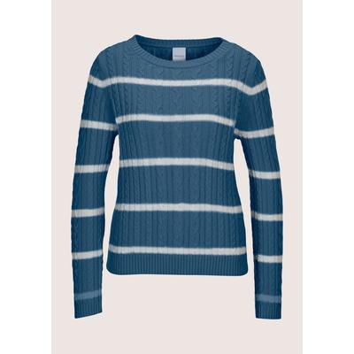 Longpullover MADELEINE "Strickpullover Moderner Baumwollpullover mit Zopfmuster und Ringel-Design", Damen, Gr. 48, weiß (tintenblau, wollweiß), Obermaterial: 100% Baumwolle CO., Modern, Pullover Longpullover, Kontraststreifen