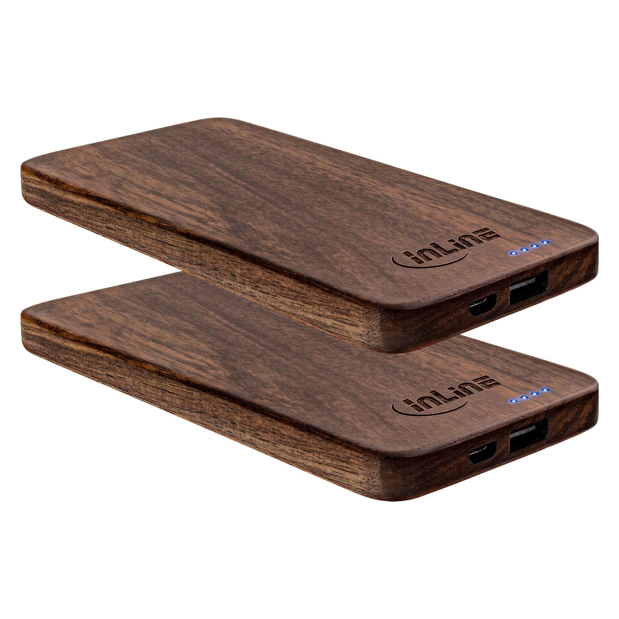 InLine 2er woodplate, USB Powerbank 5.000mAh, mit LED Status Anzeige, Echtholz, Walnuss, 2.1A Ausga (5000 mAh, 18.50 Wh) (01478D)