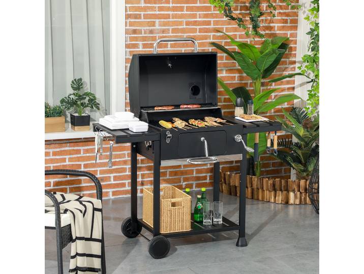 Outsunny Barbecue au charbon de bois bac à charbon réglable, couvercle, thermomètre, tablettes, à roulettes, en acier inoxydable