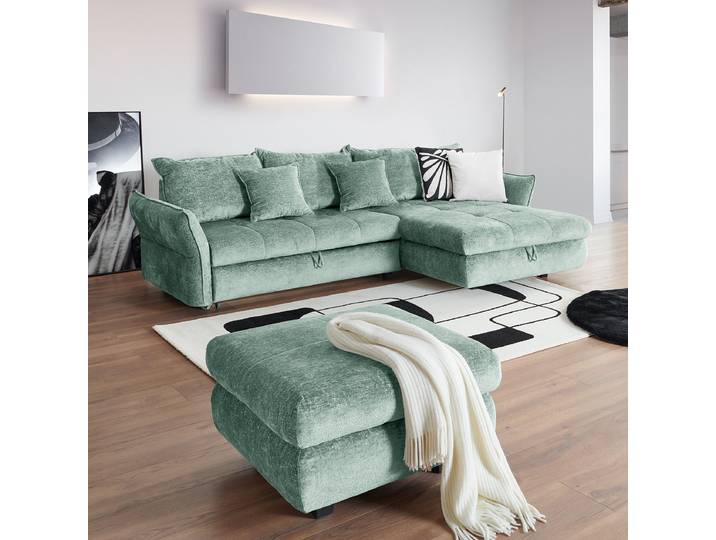 Ecksofa mit Schlaffunktion Grün Chenille Sydne 275 x 90 x 180cm Longchair davorstehend rechts mit Schlaffunktion