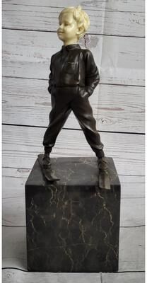 Bronzhaus Little Boy Child On Skis Skiing Bronze Statue Sculpture Figurine On Marble Base