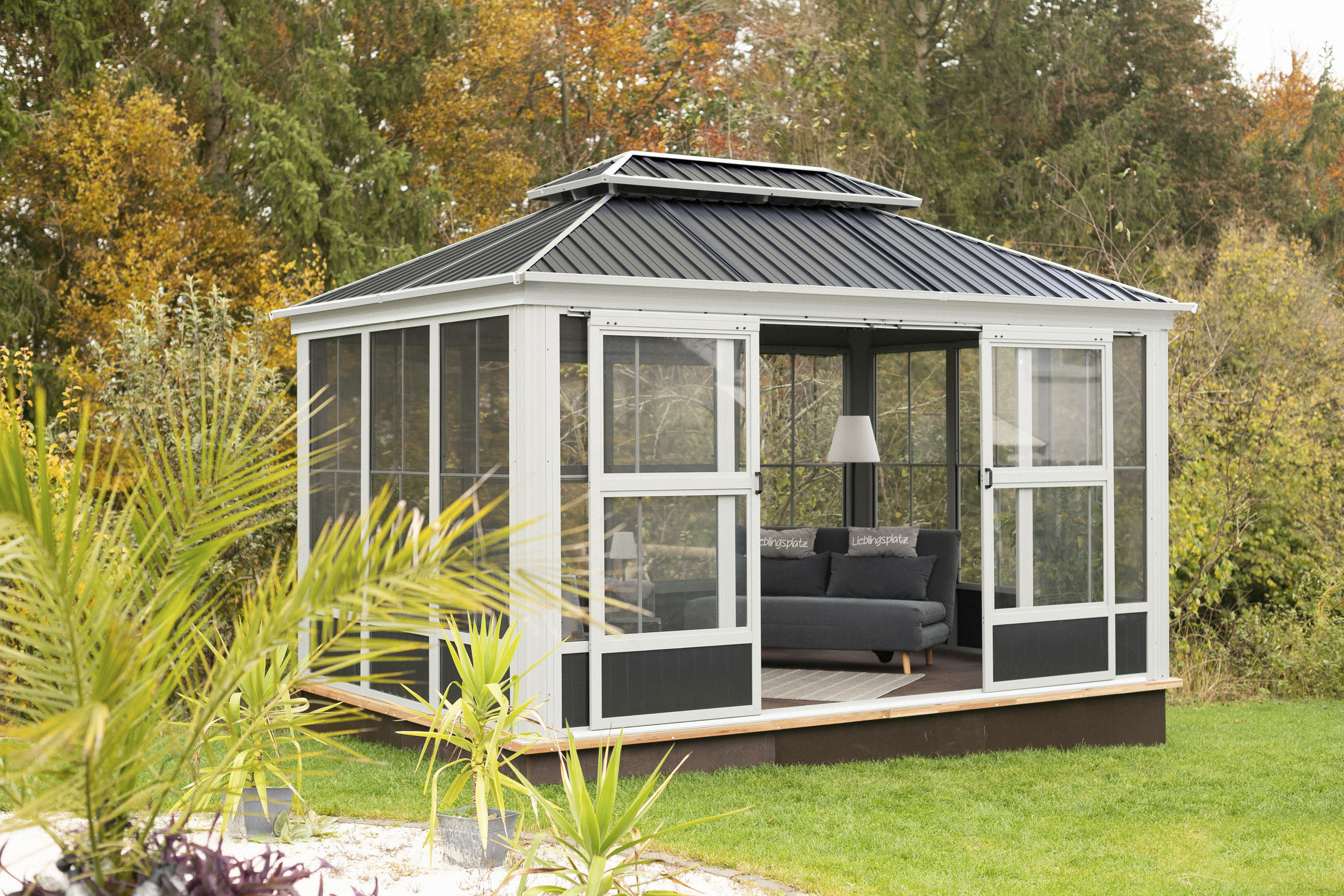 Pavillon SOJAG "»Olan 1014«", grau (schwarz), B/H/T: 291cm, Pavillons, aus Aluminium, mit Wintergarten, inkl. Moskitonetzen
