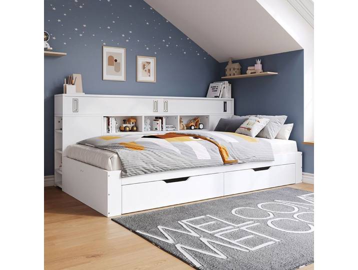 Lit enfant 90x200 cm Multifonction avec tiroirs étagère placard coffre de rangement Blanc