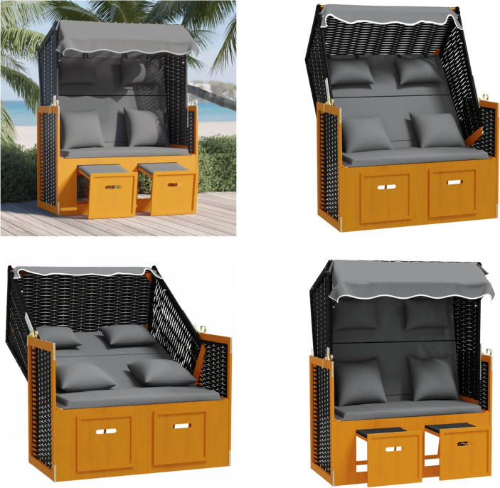 vidaXL Strandkorb mit Kissen Poly Rattan Massivholz Schwarz Anthrazit - Strandkorb - Strandkörbe - Sonnenliege - Strandliege