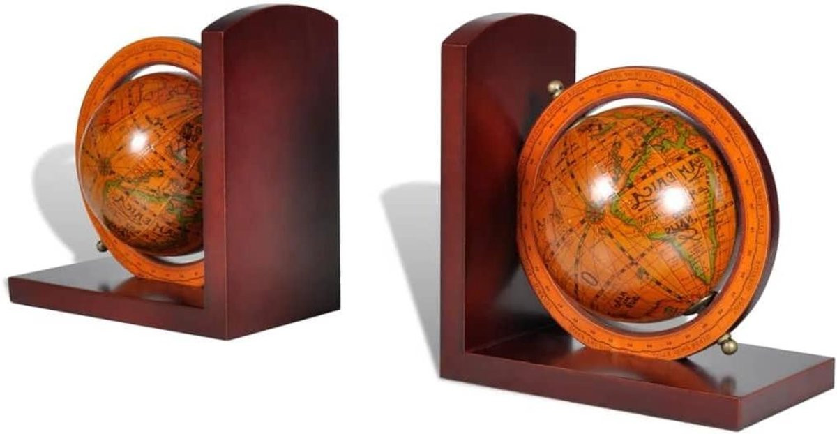 Boekensteunen Wereldbol Bruin - Set van decoratieve boekenhouders - 16,5 cm