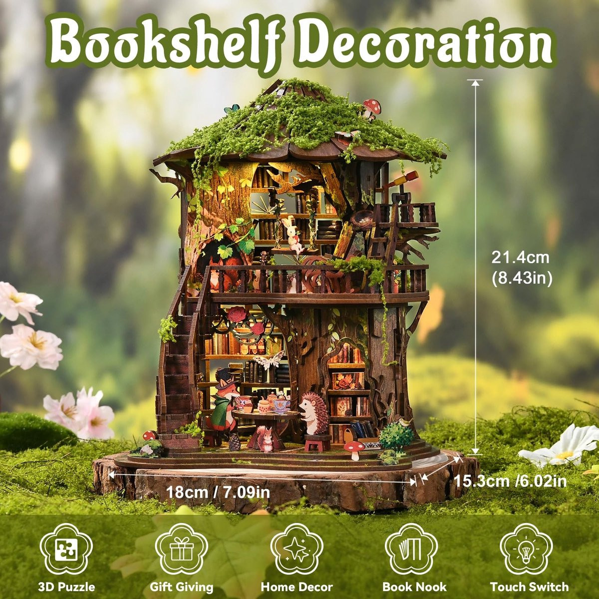 Omgoods DIY Leeshoek Forest Tea Boekclub - Houten Boekensteun met 3D Puzzel en LED Verlichting