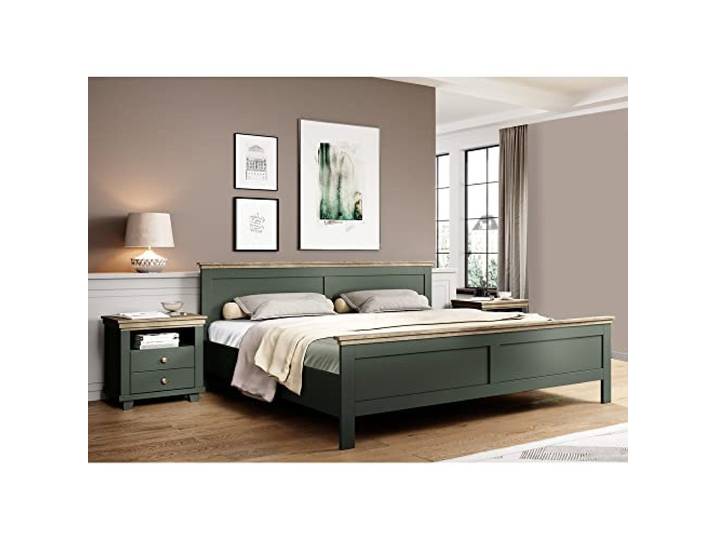 Lomadox Landhaus Doppelbett Bettgestell Liegefläche 180 x 200 cm 2 Nachttische Nachtschränke grün Eiche