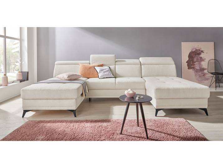 U-Form Wohnlandschaft, Webstoff & Luxus-Microfaser, Beige, 296×173 cm, Mit Bettfunktion & Kopfteilverstellung, Modern, Inosign
