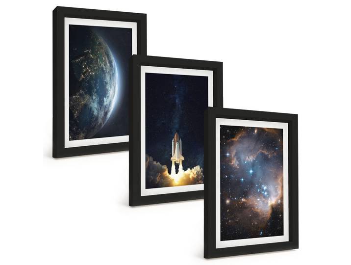 BILDER SET 3er Set - 20x30 cm Schwarzer Rahmen - Weltraum Erde Rakete Galaxie