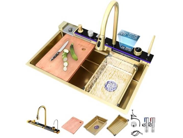 TULAZOU Küchenspüle, T304 Edelstahlspüle, multifunktionale Küchenspüle, Wasserfall-Spüle, Einbauspüle mit multifunktionalem digitalen Wasserhahn und verschiedenen Zubehörteilen (80X45CM)