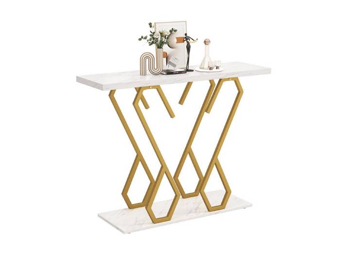 COSTWAY Konsolentisch, Marmor schmal, Metallrahmen in Schmetterlingsform Gold