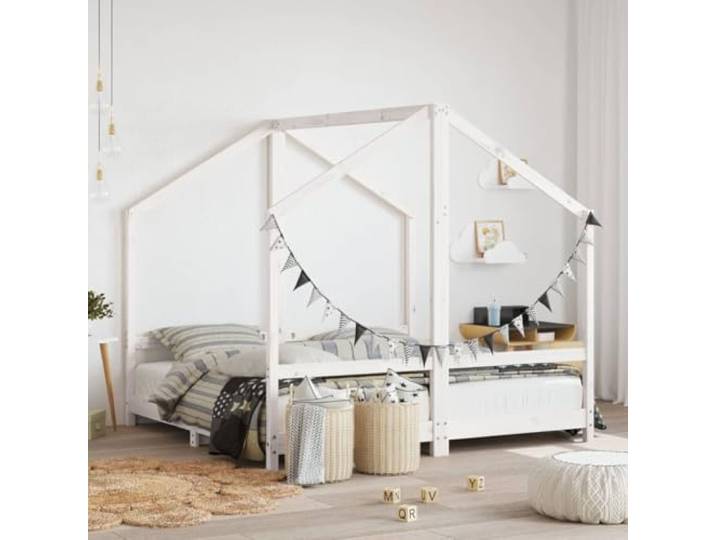 WXGTBKPR Kinderbett aus Kiefernholz, weißes Bettgestell für Kinder, Holzhaus-Bett für 2 Matratzen je 80 x 160 cm, stabiles Hausbett mit Lattenrost