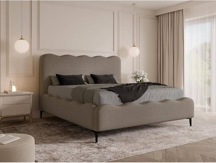Compleo Polsterbett mit hohen Füßen, Designerbett, Bouclé-Stoff, Luxus Schlafzimmer, gepolstertes Doppelbett