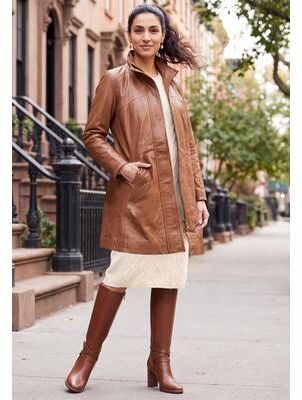 Plus Size Women's A-Line Zip Front Leather Jacket by Jessica London in Cognac (Size 24 W)