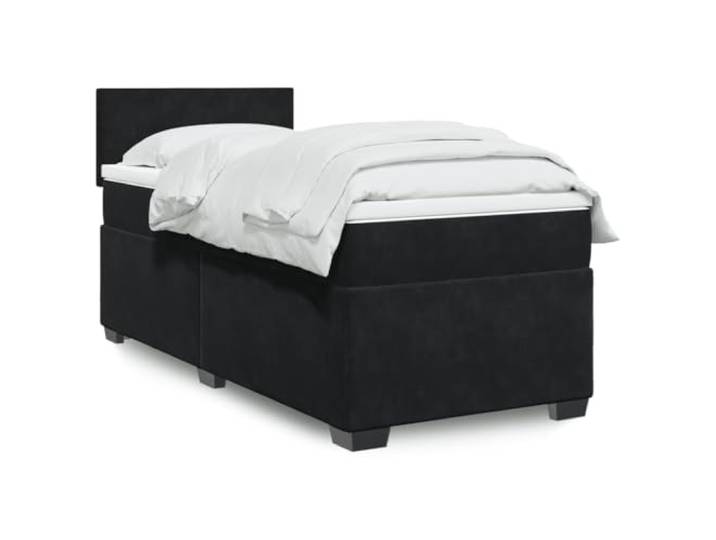 RJPLMFV Bett, Velours, Schwarz, 90 x 190 cm, mit Kopfteil Lattenrost inklusive, Taschenfedern, abnehmbarer Topper, waschbarer Bezug, nachhaltige Unterstützung