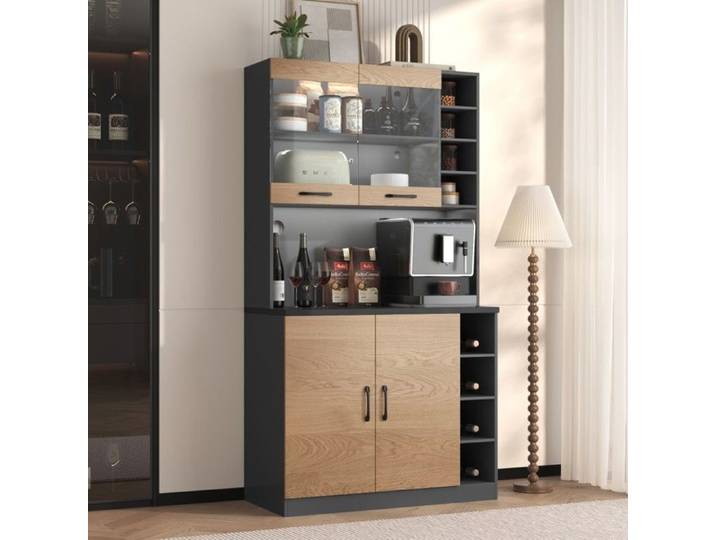Buffet Bahut Buffet haut cuisine bois 100x47x187cm LED éclairage ambiance étagères réglables autonome trous câbles