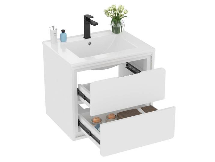 Okmyhome Waschtischkombi 60/46/50 cm Weiß aus MDF und Keramik mit LED-Radarsensor-Beleuchtung, Rechteckig, 60x50x46 cm, Badezimmer, Waschbecken & Armaturen, Waschtische