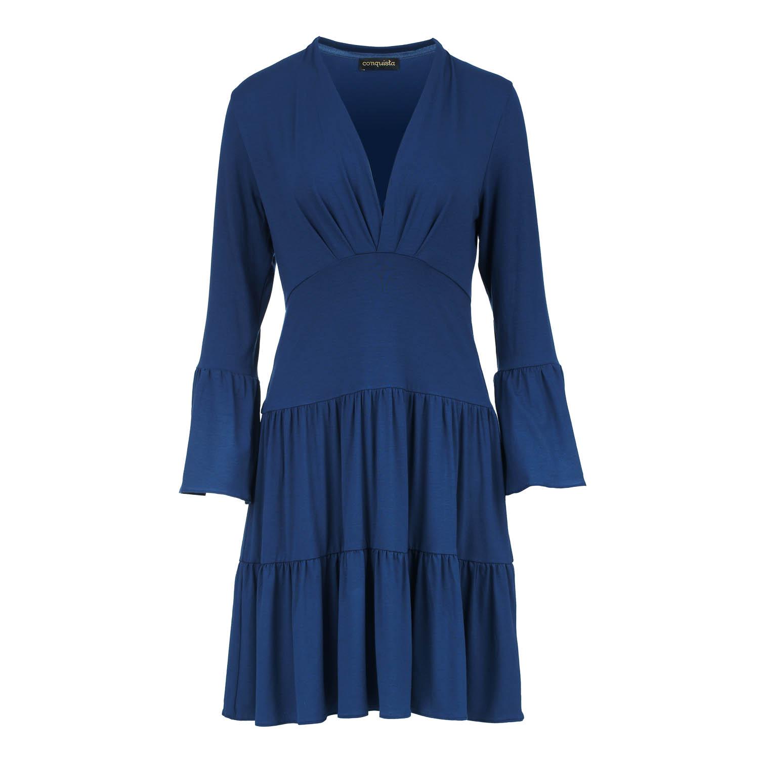 Blauwe jersey gestreepte jurk