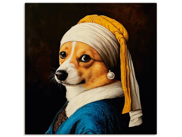 Wandbild ARTLAND Der Corgi mit dem Perlenohrring , bunt (farbe bild(er): schwarz), B:50cm H:50cm, Bilder, Wandbild, als Alubild, Leinwandbild, Poster, Wandaufkleber in verschied. Grössen