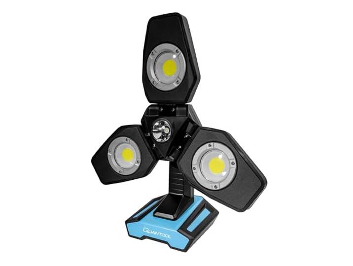 Quantool Arbeitsleuchte 3 Flügel, Akku, faltbar, USB-Ausgang Q30600 Lithium-Ionen-Technik mit 2 bis 8 Stunden Leuchtdauer, Kopf 90° schwenkbar, Außenleuchten 180° drehbar, 5V/2A-Powerbank