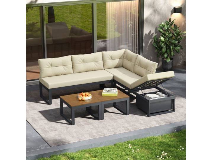 Mobilier Salon de jardin D'angle 5 Places avec Rangement - Siège Réglable 3 Positions - Résistant Aux Intempéries - Dossier Haut