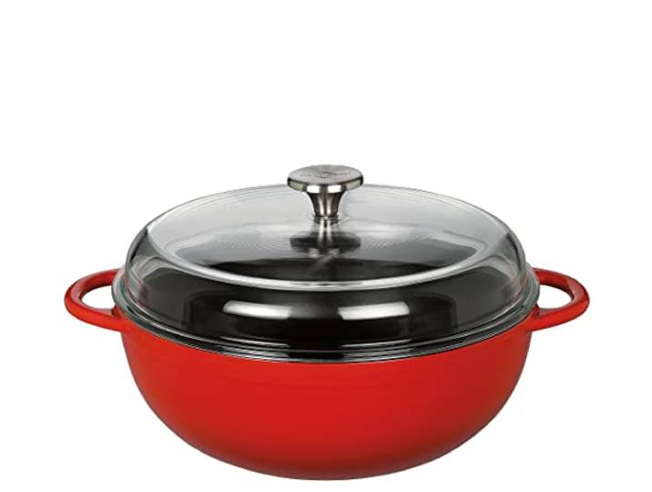 KÜCHENPROFI Schmorpfanne MARMITE 28 cm, Gusseisen, Classic Red emailliertes Gusseisen, für alle Herdarten und Induktion, hitzebeständiger Edelstahlknopf, aromaschonend, energieeffizient