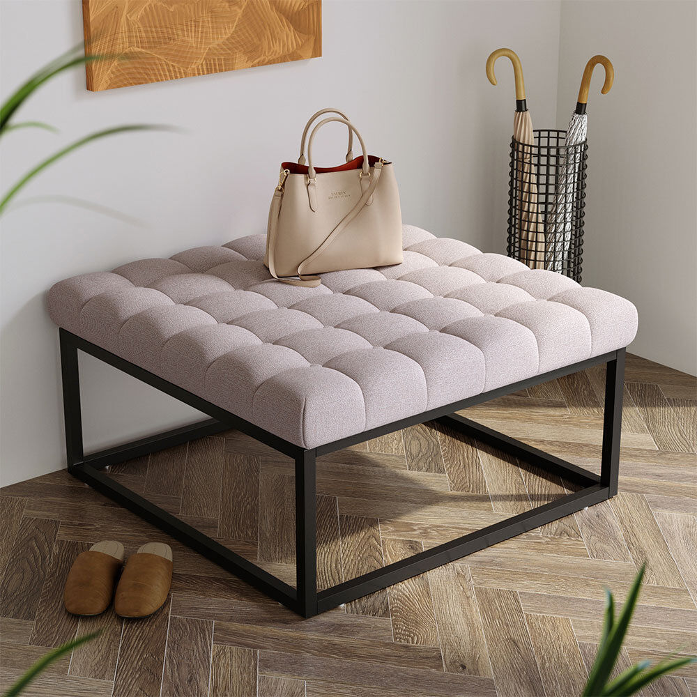 Lark Manor 84 cm W Linen Square Footstool Beige 46cm H X 84cm W X 84cm D