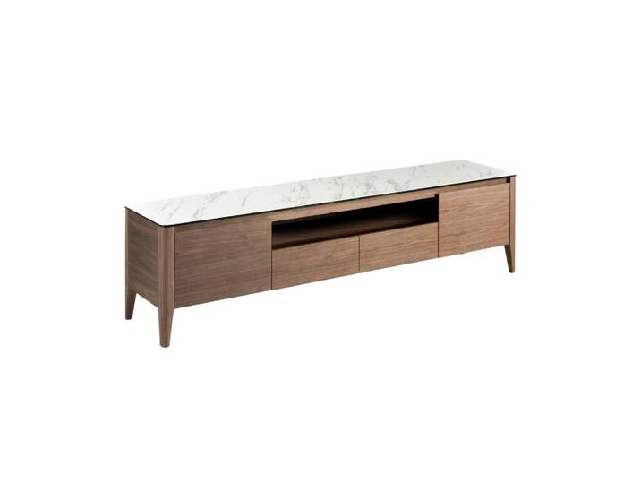 Meuble TV en noyer avec plateau en verre imitation marbre