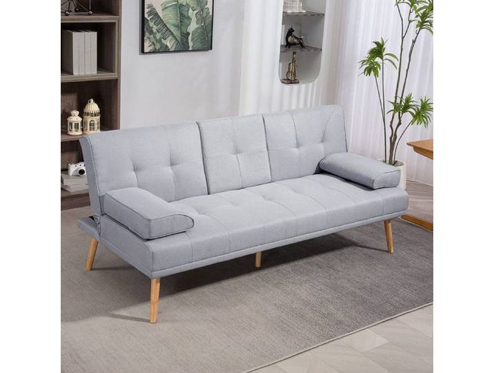 Canapé convertible - Canapé‑lit 3 en 1 - Gris aspect lin - 3 places (181 cm) - Table pliante avec porte‑gobelets