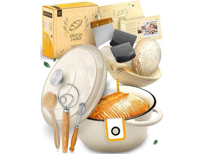 KRUSTENZAUBER Gusseisen Topf Brot Backen im XXL-Set inkl. Brot back Zubehör Geschenkfertige Brotbackform mit Deckel samt Backzubehör & Anleitung für den sicheren Einstieg und gelungenes Brot zu Hause