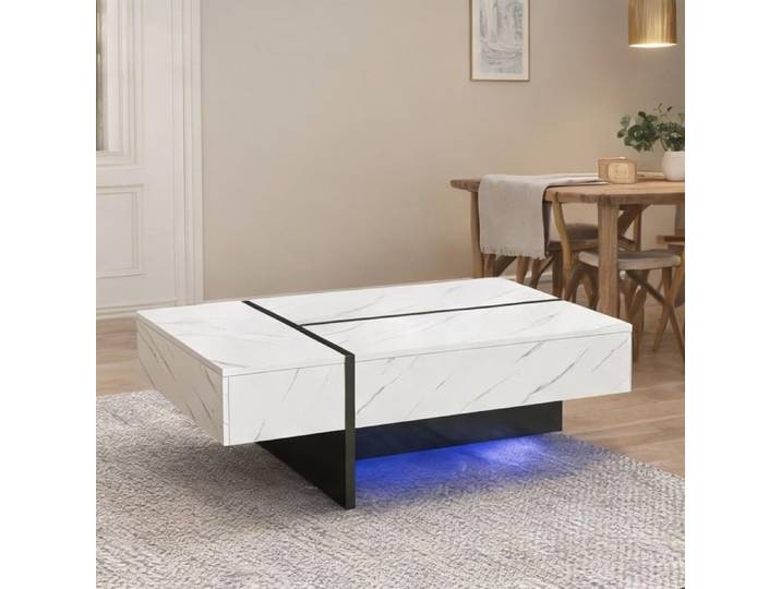 Table basse contemporaine asymétrique blanche panneaux de particules 3 tiroirs LED RGB L105xP60xH35 cm