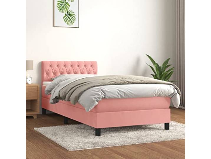RJPLMFV Bett mit Taschenfederkernmatratze, 90 x 200 cm, Rosa Kopfteil verstellbar, weiches Velours, mittlere Härte, inkl. Matratzenschoner