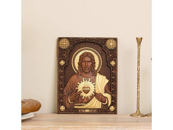 Statue de Jésus Catholique du Sacré-Cœur de Jésus, Plaque Religieuse en Bois, Tenture Murale, Salle d'Église, Maison et Décoration, Noël