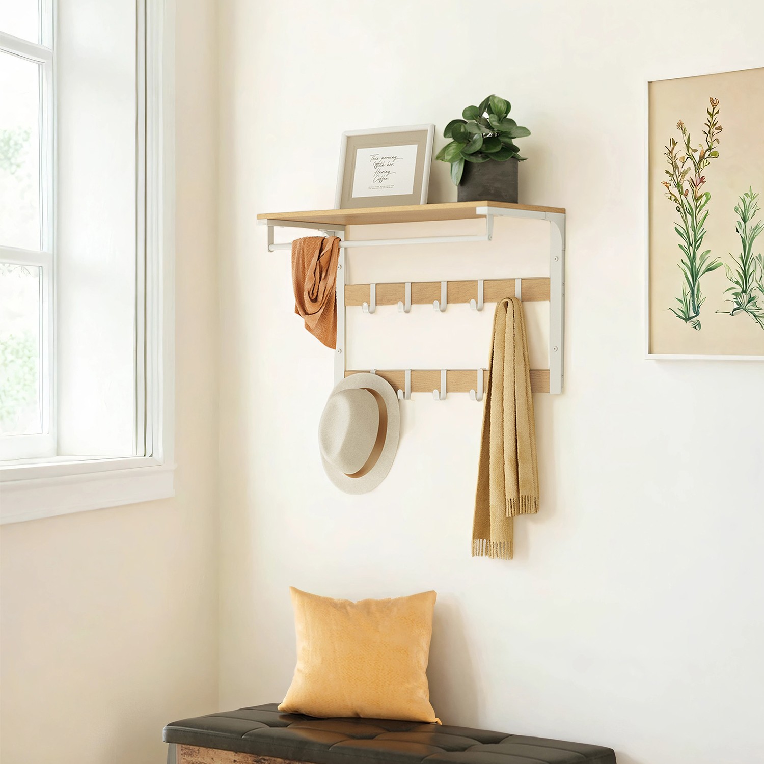 VASAGLE Wandgarderobe, mit Ablage, Wandregal mit 10 abnehmbaren Haken LCRB35101W09