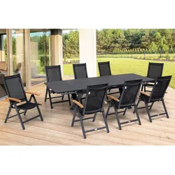 OUTFLEXX Garten-Essgruppe, OUTFLEXX® anthrazit matt, Alu / Spraystone / Teak, Tisch 180/280x100cm, 8 Klappstühle