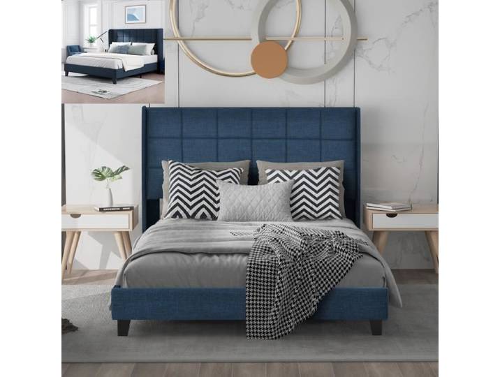 Lit double adulte avec sommier à lattes - Lin bleu - 140x200cm - Style scandinave