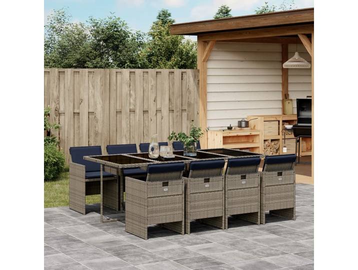 vidaXL 9-teiliges Garten-Ess-Set mit Kissen, grau, Polyrattan