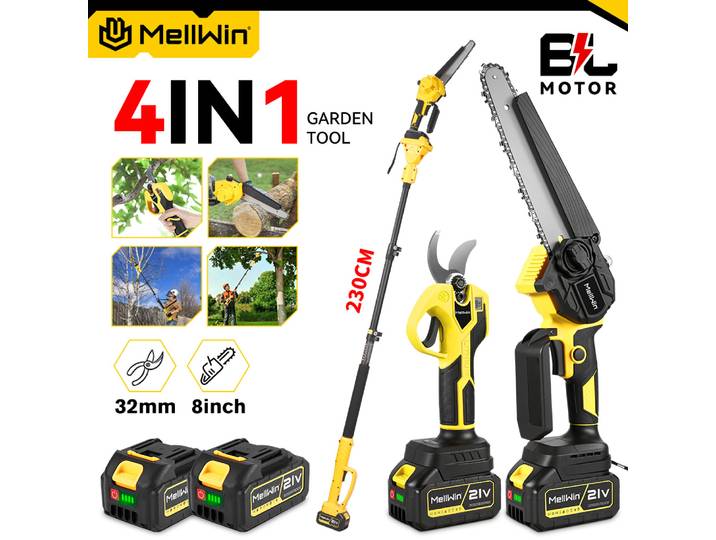 Ensemble scie à chaîne sans fil MELLWIN 8 pouces et cisailles de jardinage 32 mm avec perche télescopique 180 cm pour batterie Makita 18V