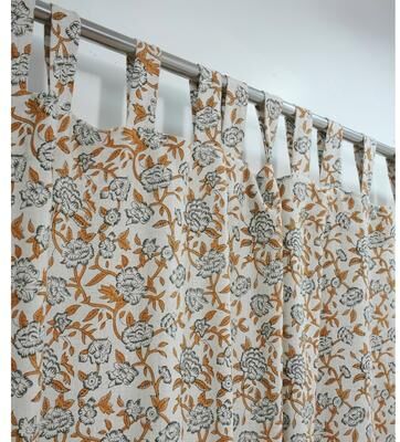 Fabdivine Vintage Floral Block Print Tab Top Curtain, Handmade Window Drape for Boho Home Décor, Mrignayani