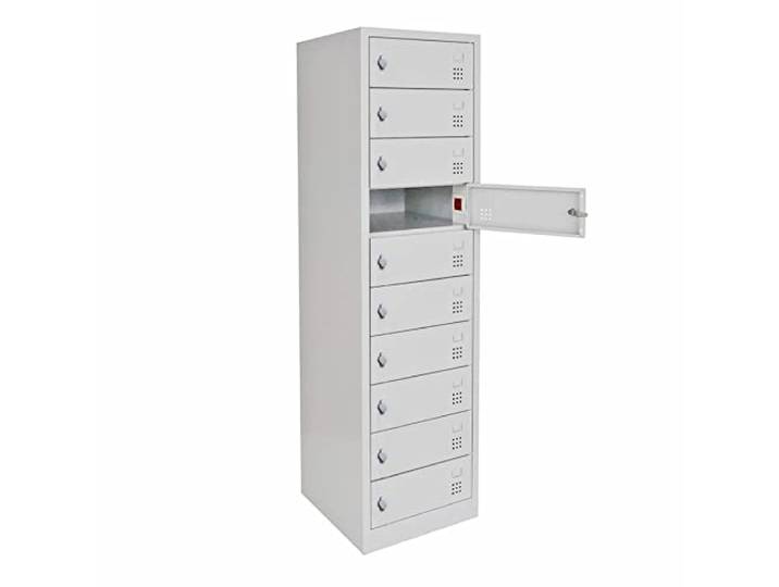 Schrank & Stuhl – Laptopschrank mit 10 Lade-Schließfächern Elektroanschlüssen 180 x 50 x 50 cm, Schließfachschrank mit Drehriegelvorrichtungen, Lieferung komplett montiert, Weiß