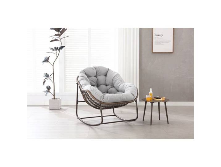 WUVRIE Fauteuil à bascule oversize en résine tressée 106 x 90 x 78 cm coussin épais gris clair
