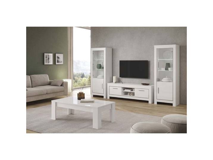 DENAE - Ensemble Salon Complet Laqué Blanc Brillant Meuble TV + Table Basse + Vitrines Leds